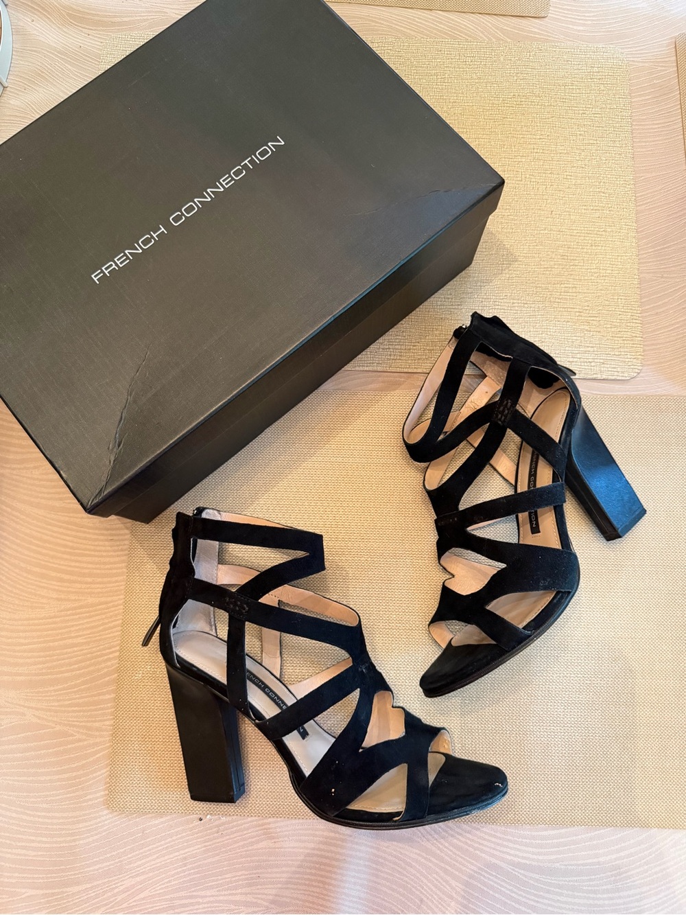 French Connection Black Strappy Block Heel Sandals